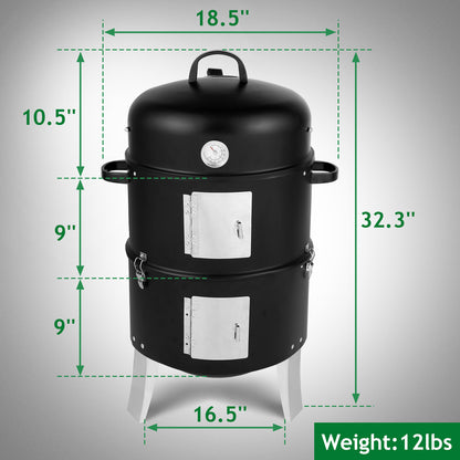 47x41.5x82cm Black, Double-walled, Cylindrical, Smoker, Charcoal Grill