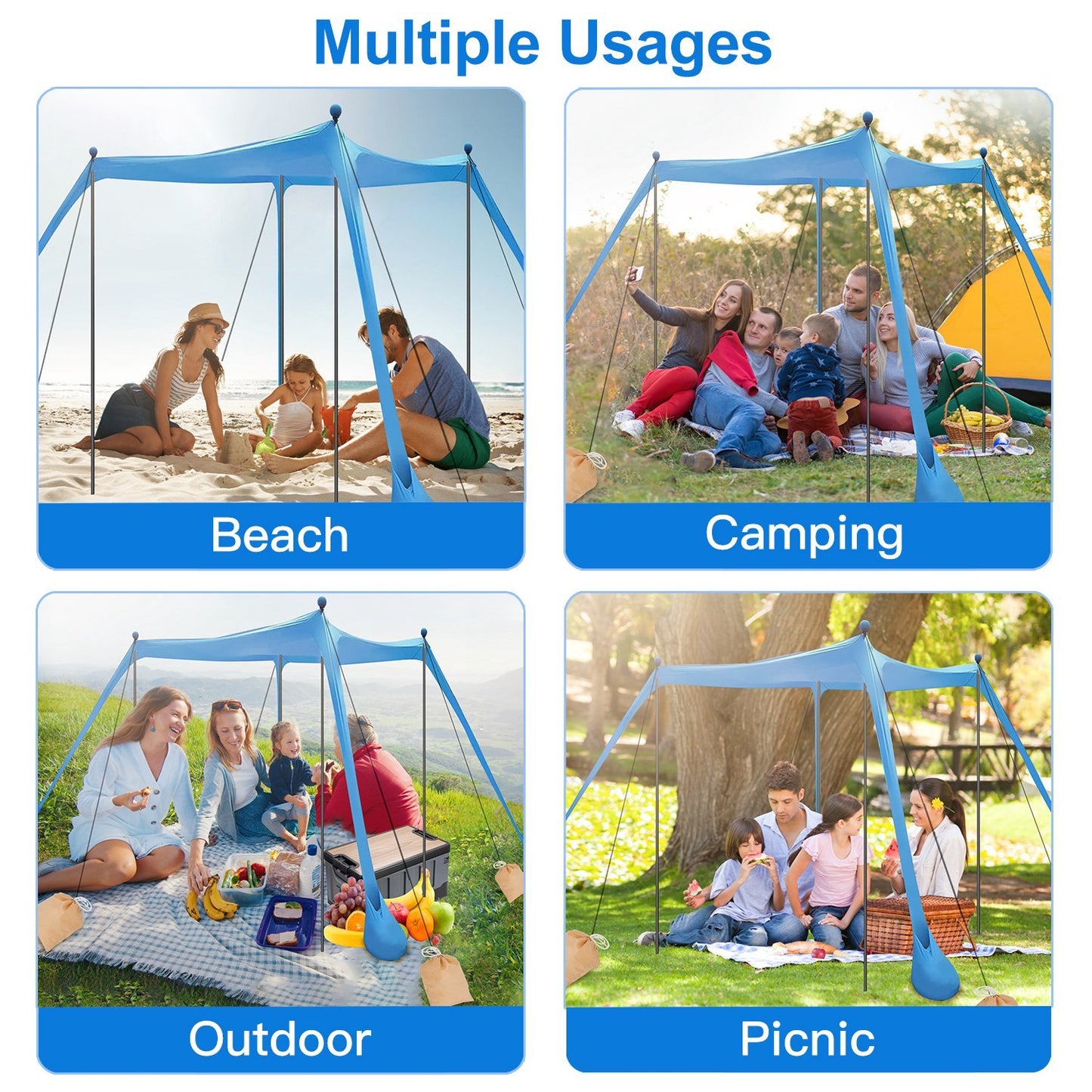 1Pc 5-8 Person Beach Tent Sun Shelter Canopy 10x10x6.6ft With Sandbag Foldable Poles Carry Bag UPF50 For Camping Trip Fishing Picnic Fedex Shipping